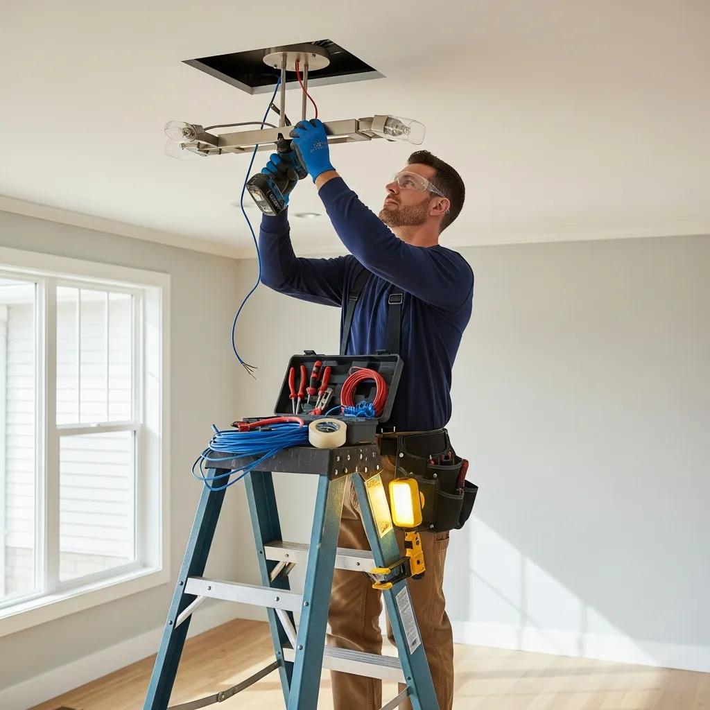 Professional electrician installing lighting fixtures in a modern home