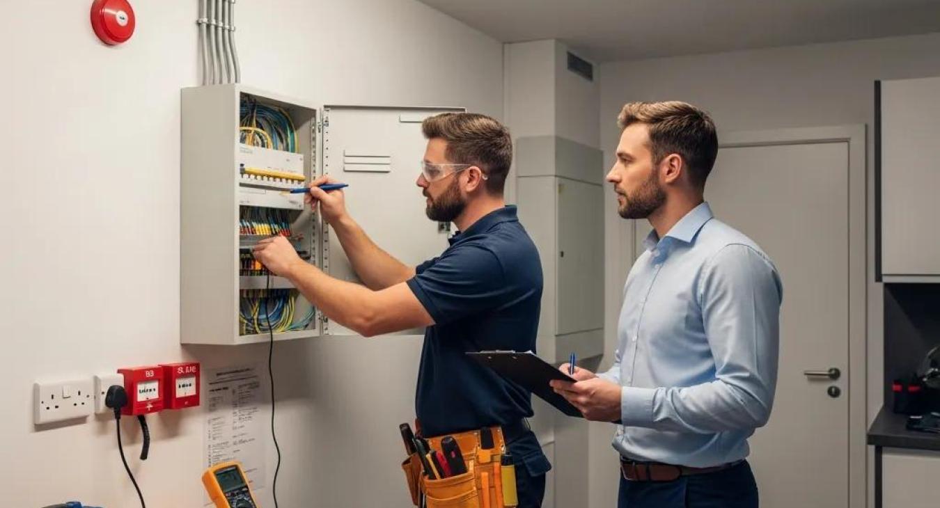 Landlord inspecting electrical systems for compliance and safety in a rental property